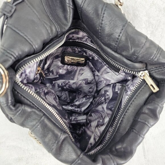JUNIOR DRAKE Black Lambskin Leather Shoulder Bag with Gold Chain Accent Straps - Picture 11 of 15